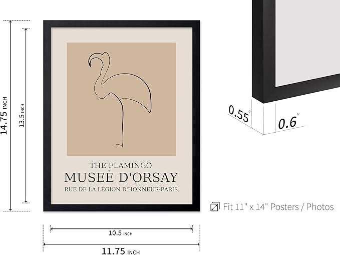 Poster Master Vintage Poster - Retro Minimalist Print - Gift for Artist, Housewarming - Flamingo, Line Drawing, Sketch, Abstract - Wall Decor for Living Room, Bedroom, 11x14 Black Framed