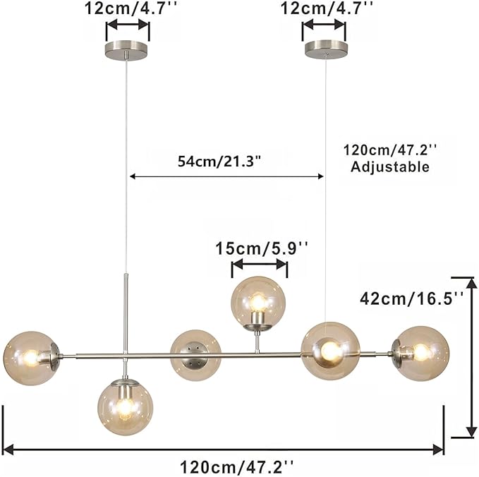 KCO Lighting Mid Century Modern Rectangle Light Fixture 6-Light Glass Globe Linear Chandelier Brushed Nickel Pendant Light Fixture Adjustable Kitchen Island Lighting (Silver+Amber)