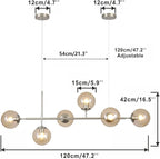 KCO Lighting Mid Century Modern Rectangle Light Fixture 6-Light Glass Globe Linear Chandelier Brushed Nickel Pendant Light Fixture Adjustable Kitchen Island Lighting (Silver+Amber)