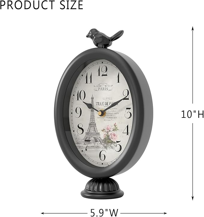 Vintage Table Clock with Bird, Desk and Shelf Decor Clock, French Paris Style, Antique Black Metal Mantel Clocks for Living Room, Farmhouse, Bedroom, Bedside, Gift (10" H x 5.9" W)