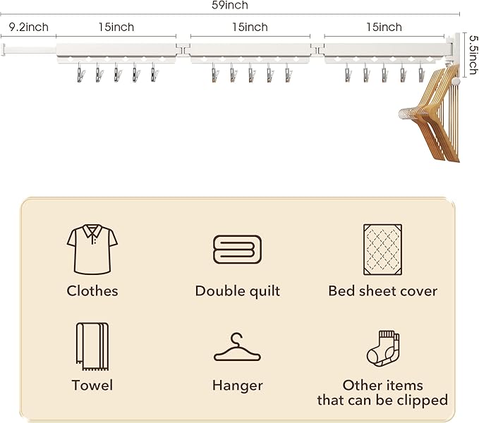 Wall Mounted Clothes Hanger,Clothes Drying Rack,Laundry Rack Wall Mount,Drying Rack Clothing,Clothes Rack Retractable,Collapsible(Tri-Fold), with Windproof Holes & Clips,White Color