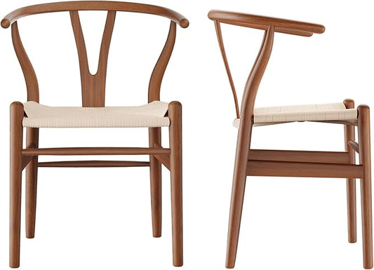 Tomile Solid Wood Wishbone Chair Y Chair Mid-Century Armrest Dining Chair, Hemp Seat (Ash Walnut Color, Pack of 2)