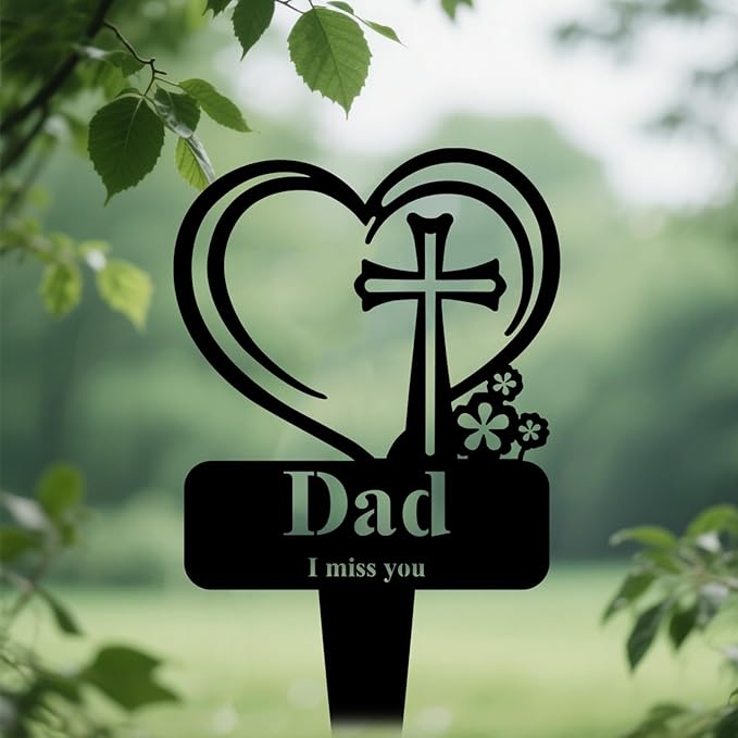 Dad Memorial Grave Stake, Cemetery Decorations for Grave Markers 12.5 x 7.2 inch Heart Metal Sympathy Stakes Graveside Plaque Decor Sign for Father Graves, Yard, Garden - Black-Dad