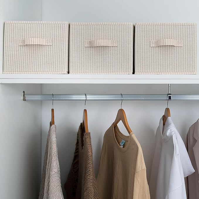 StorageWorks Storage Baskets for Shelves, Foldable Fabric Closet Storage Bins with Handles, Fabric Storage Bins Clothes Organizer, Beige Stripes, 3-Pack, Large
