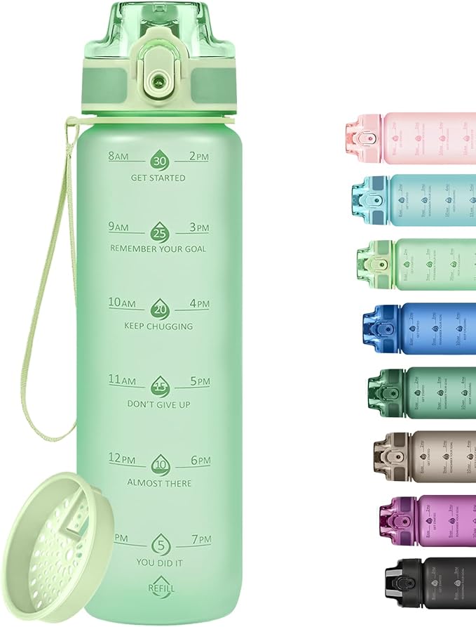 32oz Motivational Water Bottles with Time Marker & Fruit Strainer, Transparent Gradient Color Water Bottle with Times to Drink, Leakproof & BPA Free, Reusable Bottle with Strap (No Straw)