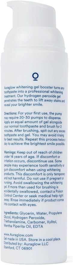 Auraglow Whitening Toothpaste Booster, Add to Toothpaste to Whiten, 9% Hydrogen Peroxide Teeth Whitening Gel Toothpaste, 350+ Whitening Treatments, 6-Month Supply, 2.6oz