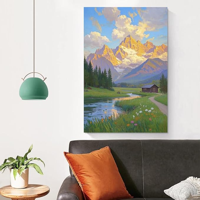 The mountain stream and lawn scenery under the sun is suitable for posting in the living room bedroom office landscape poster wall painting