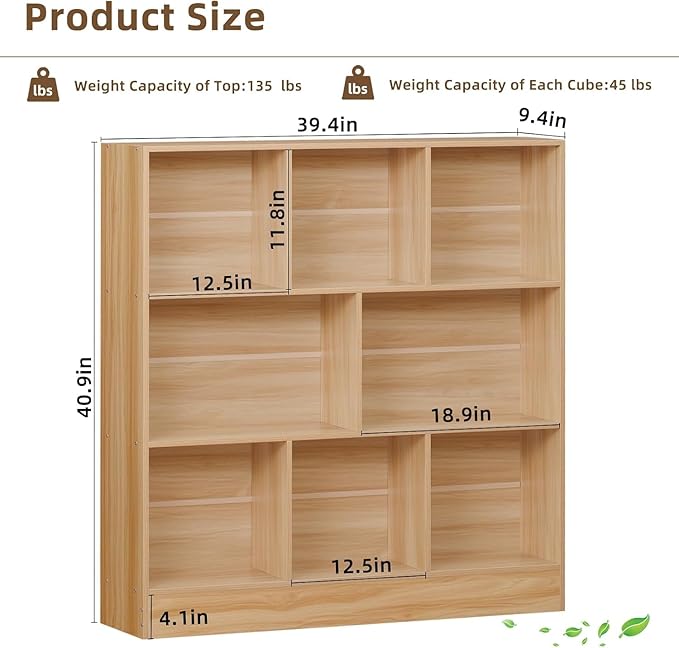 LEYAOYAO 8 Cube Bookshelf with Wood Base,Natural 3 Tier Mid-Century Modern Bookcase,Standing Wide Bookshelves Storage Organizer Shelf,Rustic Display Cabinet Book Shelves for Bedroom,Living Room