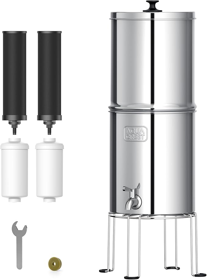 AQUA CREST Gravity Water Filter System, 304 Stainless Steel Countertop System with 4 Filters and Anti-Slip Stand, Reduce Fluoride and Chlorine, 2.25G, for Home, Camping, RVing, Off-Grid, Emergencies