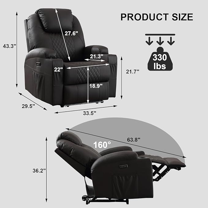 Power Recliner Chair with Heat and Massage, PU Leather Home Theater Seating with LED Lights/Cup Holders/Side Pocket/USB Port, Reclining Sofa Chair for Living Room (1, Brown)