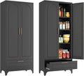 Black Pantry Kitchen Cabinet with Drawer, 75 Inch Metal Storage Cabinet with Doors and Shelves, Steel Food Pantries, Large Freestanding Cupboard for Living&Dining Room-Assemble Required