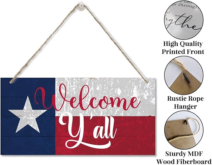 Welcome Y'all Decor Sign, Hanging Wood Sign Home Decorative, Printed Wood Wall Art Sign, Wooden Hanging Sign, Texas Flag Welcome Door Hanger, Welcome Sign for Front Door, Farmhouse Porch Decor 12*6in