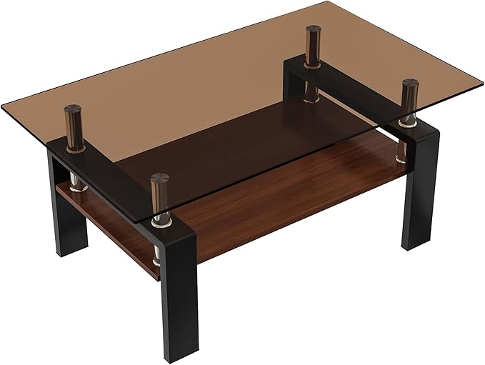 39" Brown Glass Coffee Table Walnut Modern Living Room Center Table Rectangle, with Wooden MDF Storage Layer, Black Metal Leg, for Small Apartment and Office, Brown
