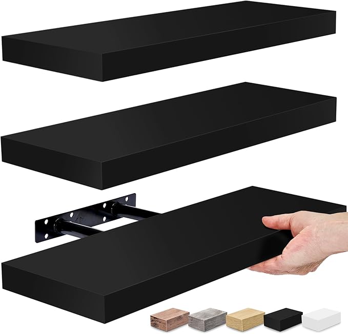 Sorbus Floating Shelves for Wall, Bathroom Shelves Wall Mounted for Kitchen, Bedroom, Bathroom Storage Over Toilet, Hanging Book Shelf for Wall Home Decor Living Room (Black, 3 Pack)