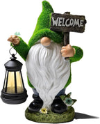 Solar Gnome Outdoor Garden Fall with Solar Lantern - 11’’Halloween Autumn Welcome Gnomes Decorations for Yard Patio (Green & White)