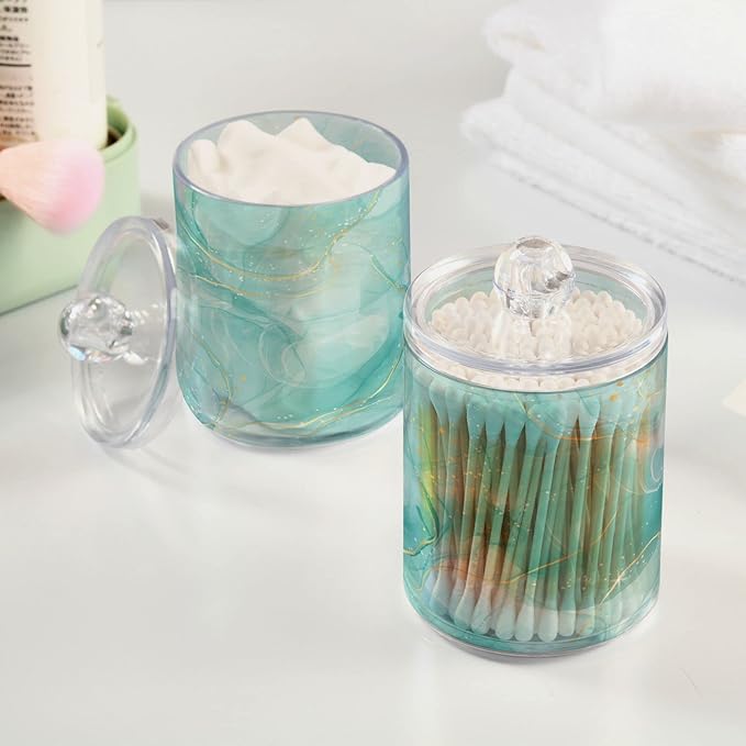2 Pack Qtip Holder Dispenser Turquoise Marble Bathroom Storage Canister Lid Acrylic Plastic Apothecary Jar Set Vanity Makeup Organizer for Cotton Swabs/Pads/Floss