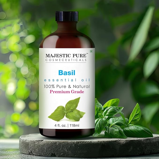 Majestic Pure Basil Essential Oil with Glass Dropper - Huge 4 Fl Oz - 100% Pure and Natural Basil Oil - Premium Grade Essential Oils for Diffuser, Aromatherapy, Soap and Candle Making