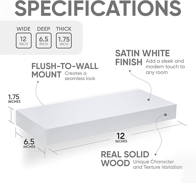 Homeforia White Floating Shelf 12 inch, High End Solid Real Wood Small 12inch Floating Shelves for Wall Mounted, White Wooden 12 in Floating Shelves, Heavy Duty Bracket, 12 X 6.5 X 1.75 inch, Set of 3