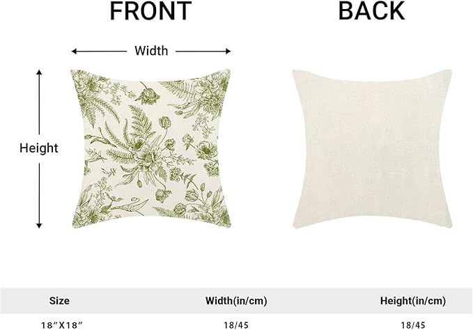 CXMEIFLY Sage Green Floral Leaves Chinoiserie Decorative Throw Pillow Covers Set of 2, 18x18 Inch, Perfect for Living Room, Bedroom, Outdoor Gardens