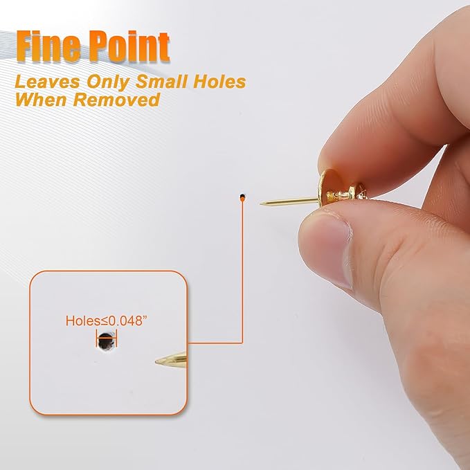 KURUI 60-Pack Metal Push Pins for Wall Hanging Decor, Renter Friendly Hooks for Bedroom Office Gallery Dorm Home, Double Headed Thumb Tacks for Tapestry/Canvas/ Picture Frame/Art, Gold Picture Hangers