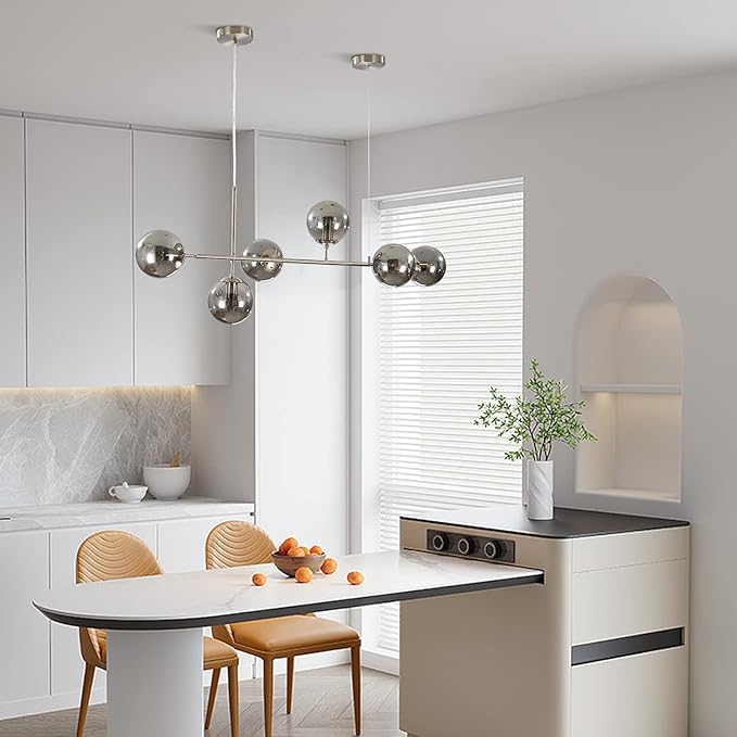KCO Modern 6-Light Ceiling Pendant Lighting Mid-Century Glass Globes Sputnik Pendant Lamp Hanging Adjustable Chandelier for Kitchen Island Living Dining Room (Silver+Smoke Grey)