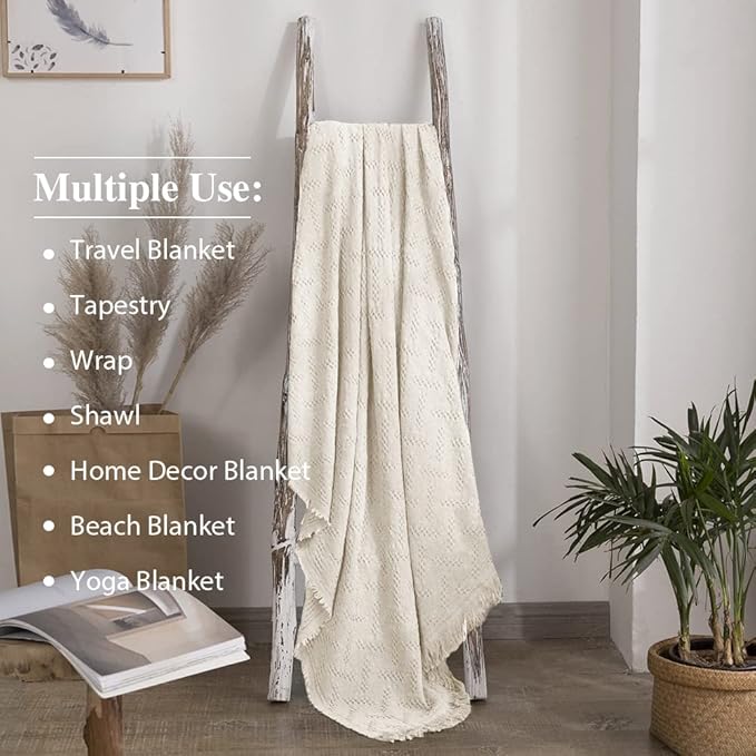 Simple&Opulence 100% Cotton Throw Blanket for Bed, Couch, Boho Luxury Geometric Knit Woven Blanket with Tassels Soft Lightweight Cozy Breathable, Vintage Farmhouse Decoration for All-Season(White)