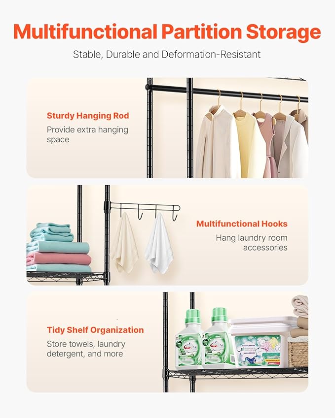 VEVOR Over The Washer and Dryer Storage Shelf, 6 Tier Laundry Room Drying Rack with Hanger Rod and Hooks, Adjustable Over Washer and Dryer Shelves, Laundry Room Shelf Storage Space Saver, Black