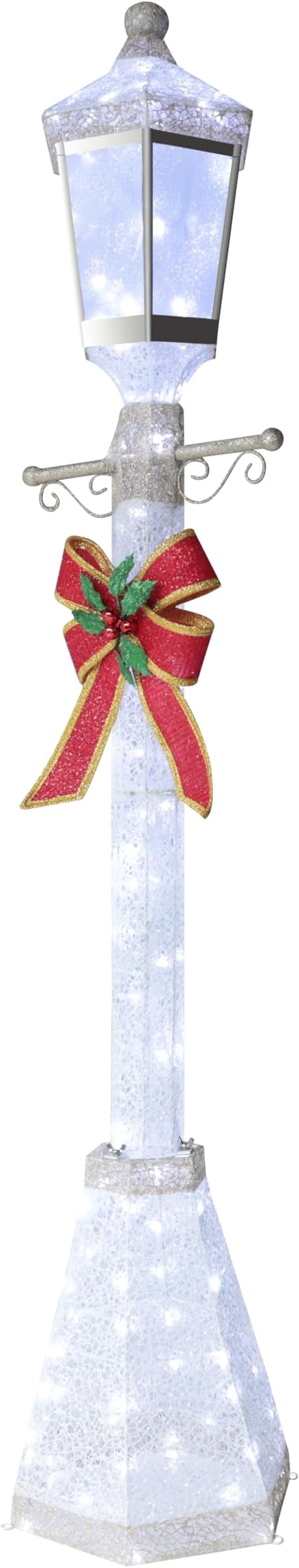 6FT Lighted Freestanding Lamp Post for Christmas Decoration, Pre-Lit Iridescent Post Lamp with 120 LED Lights & Removable Bow, Outdoor 3D Glittered Standing Festival Display, White