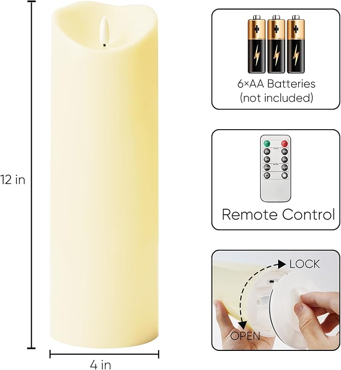 Homemory 4"x12" Outdoor Waterproof Flameless Candles with Timers and Remote Control, Battery Operated Candles, LED Plastic Candles, Dark Ivory, Set of 2
