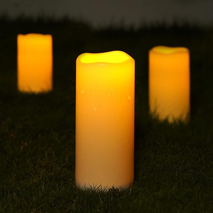 5plots 4" x 10" Single Waterproof Outdoor Flameless Candles, Battery Operated Flickering LED Pillar Candles with Remote and Timers for Indoor Outdoor Lanterns, Long Lasting, Large