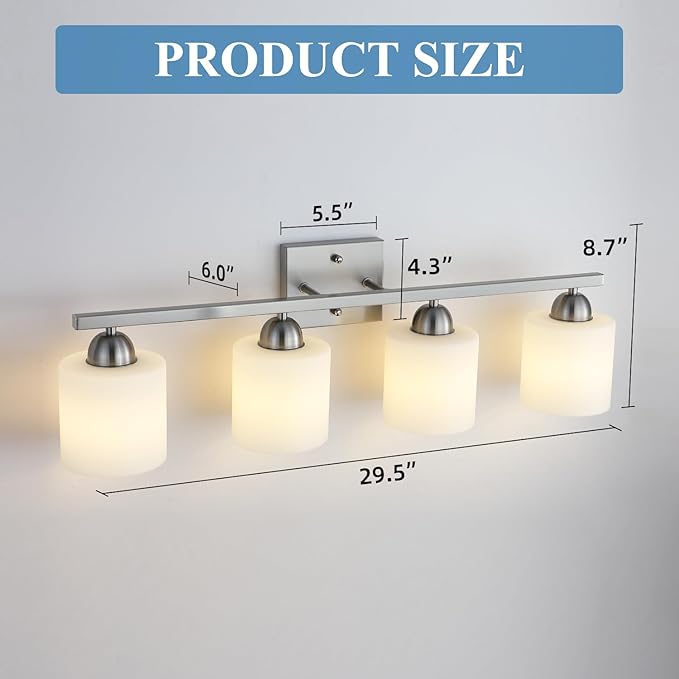 Stainless Steel Milk Glass Vanity Lights for Bathroom, 4 Light Brushed Nickel Bathroom Light Fixtures Over Mirror, Ceramic E26 Sockets Wall Mounted