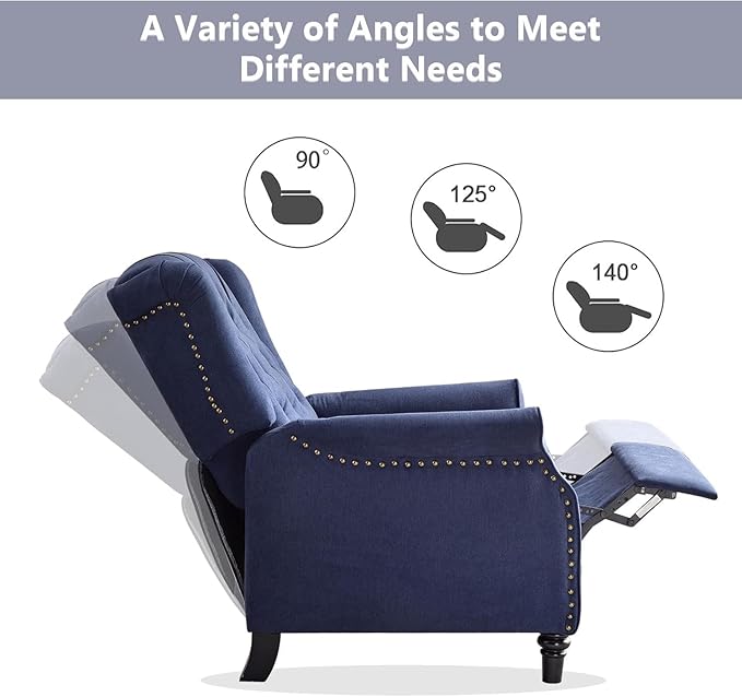 CANMOV Push Back Recliner Chair Set of 2, Modern Fabric Wingback Recliner Chair, Comfy Armchair Single Sofa Accent Chair with Padded Seat and Nailhead Trim, Tufted, Dark Blue