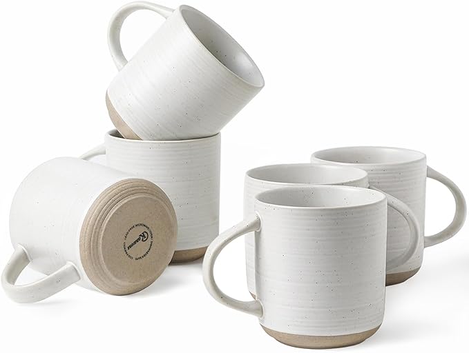 Kanwone Coffee Mugs 16oz, Stoneware Mugs Set, Ceramic Coffee Cups with Handle for Latte, Hot Tea, Cappuccino, Cocoa, Housewarming Wedding Gift, Microwave and Dishwasher Safe, Set of 6, Neutral White