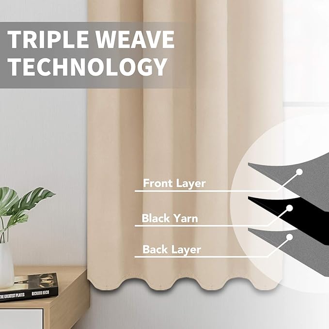 Easy-Going Blackout Curtains for Bedroom, Solid Thermal Insulated Grommet and Noise Reduction Window Drapes, Room Darkening Curtains for Living Room, 2 Panels (52x96 in,Beige)