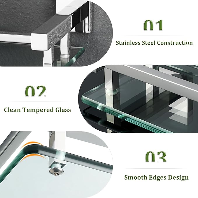 Alise Glass Shelves for Bathroom Wall, Tempered Glass Bathroom Shelf Wall Mounted, Modern Space Saving Floating Shelves 12 inch, Polished Chrome