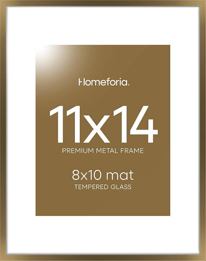 Homeforia 11x14 Bronze Picture Frame, High End Metal 11x14 Brass Frame with Mat 8x10, 11 x 14 Poster Frames Matted to 8 x 10 inch Photo, 11 by 14 Bronze Thin Frames, Tempered Glass, Wall Kit, Set of 1