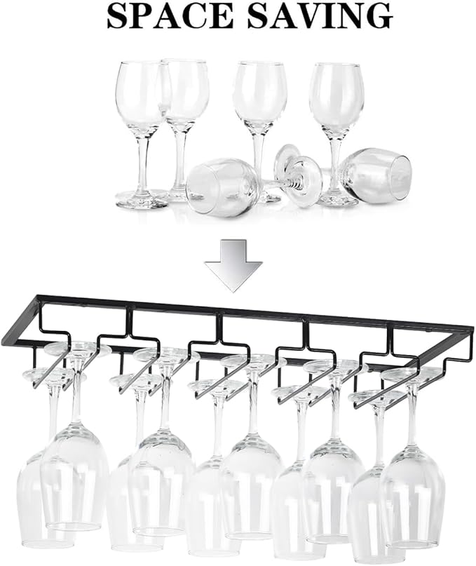 Wine Glass Rack - Under Cabinet Stemware Wine Glass Holder Glasses Storage Hanger 2 Pack Metal Organizer for Bar Kitchen 5 Rows Black