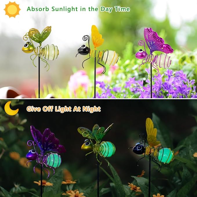 Garden Decor for Outside,3 Pcs Luminous Insect Garden Decorative Stakes,Glow in The Dark Bee Lights Metal Yard Art,Waterproof Outdoor Spring Lawn Patio Pathway Decoration for Mom,Women,Grandma