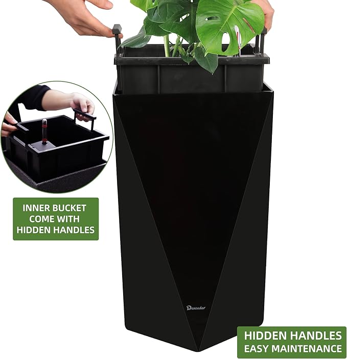Dexceder 20 Inches Tall Self Watering Planter Diamond High Gloss Indoor Outdoor, Thickened Rhombus Large Floor Standing Flower Plant Pot with Water Level Indicator (Black)