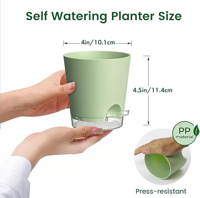 4 inch Self Watering Pots for Indoor Plants, 5 Pack Small Flower Plant Pots with Drainage Holes and Clear Reservoirs, Visible Water Level, Plastic Planters with Wicking Rope, Green