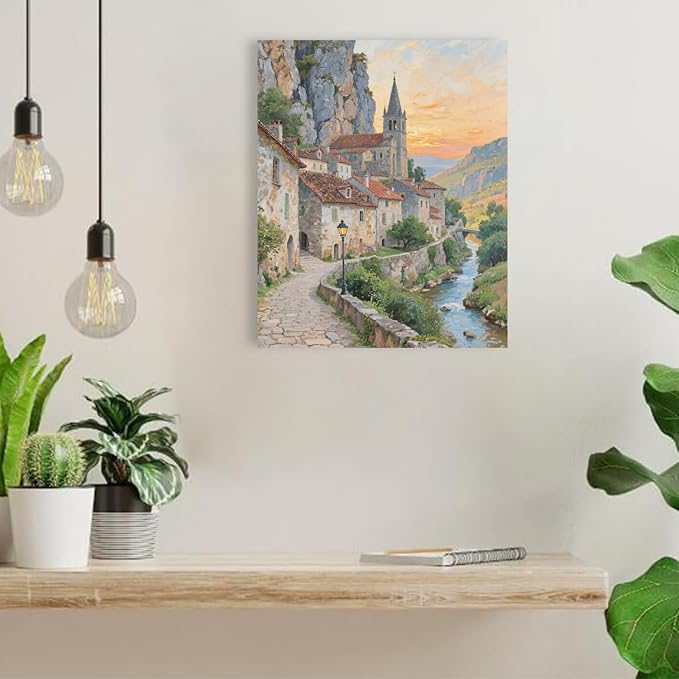 Small town scenery poster on the bank of the mountain stream is suitable for living room bedroom and office natural oil painting poster