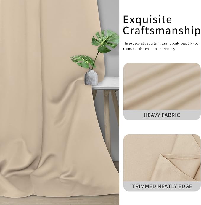 Easy-Going Blackout Curtains for Bedroom, Solid Thermal Insulated Grommet and Noise Reduction Window Drapes, Room Darkening Curtains for Living Room, 2 Panels (34x63 in, Beige)