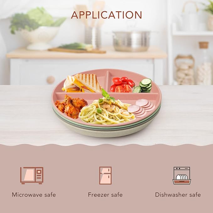 greenandlife 10 Inch 4PCS Unbreakable Portion Control Plates, Divided Plates for Kids Adults, Dishwasher & Microwave Safe Compartment Plate, Lightweight Reusable Wheat Straw Plate, BPA Free