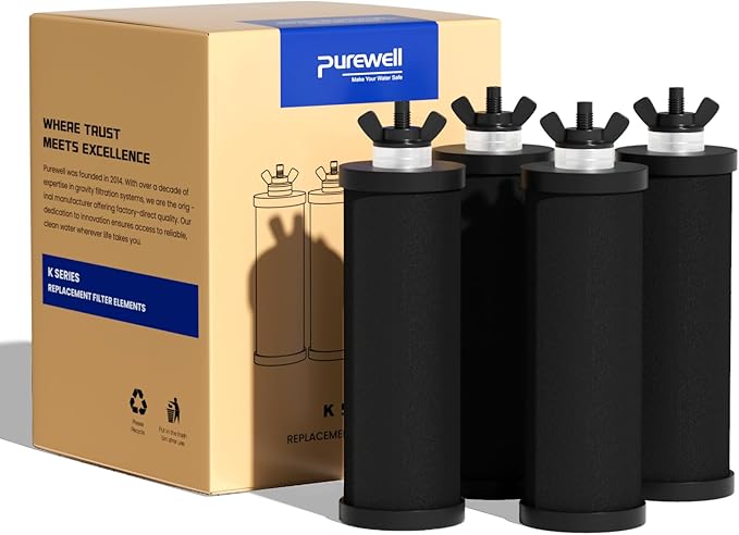 Purewell PF-3 Black 3-Stage Composite Purification Elements, Replacement Filters for ProOne® and Berkey® Filters, ProOne® or Berkey® Big+ Water Filter System and Purewell System (4 Pack, K Series)