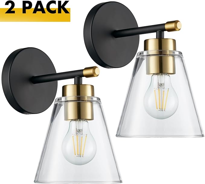 Hamilyeah Black and Gold Wall Sconces Set of 2, Bathroom Sconces Wall Lighting Fixture Indoor with Glass Shade, Mordern Black Wall Sconce Lighting for Kitchen, Hallway, Living Room