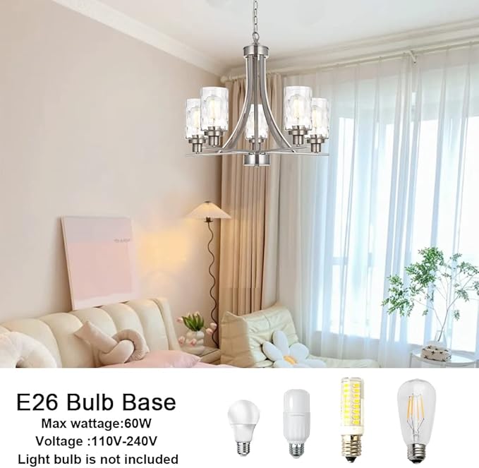BONLICHT 5 Light Modern Chandeliers Brushed Nickel Kitchen Island Dining Room Lighting Fixtures Ceiling Hanging Clear Hammered Glass Pendant Lamp Transitional Pendant Lights for Living Room Foyer