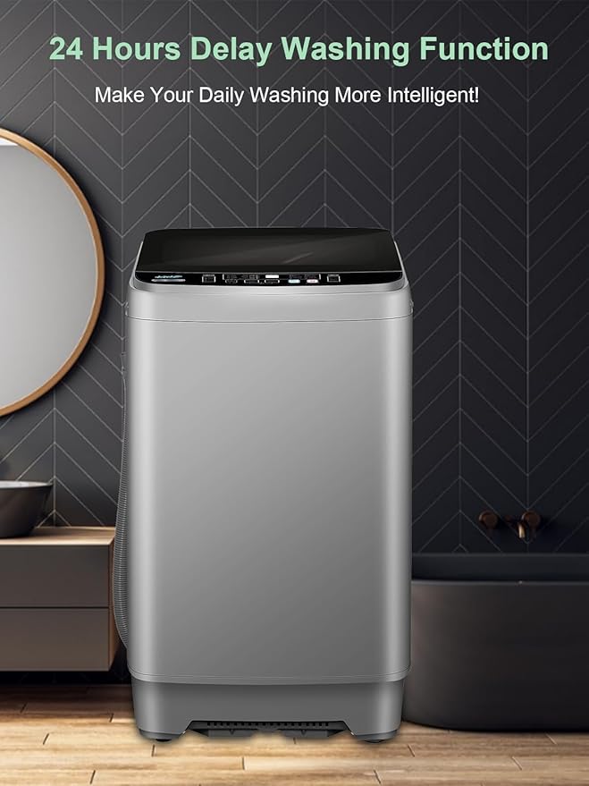 25 lbs Full Automatic Washing Machine with LED Display Compact Washing Machine with Drain Dump, 10 Wash Programs and 8 Water Levels Ideal for Dorms, Apartments, RV, Grey
