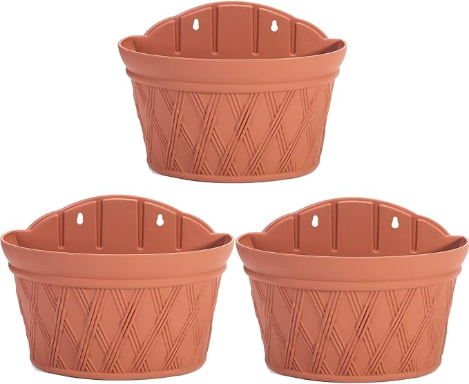Sungmor Wall Hanging Planters,11.5 Inch Hanging Flower Pots for Railing Fence - Indoor Outdoor Balcony Wall Hanging Basket, Plastic Plant Pot Container - Half Round & 3PC Pack & Brick Red