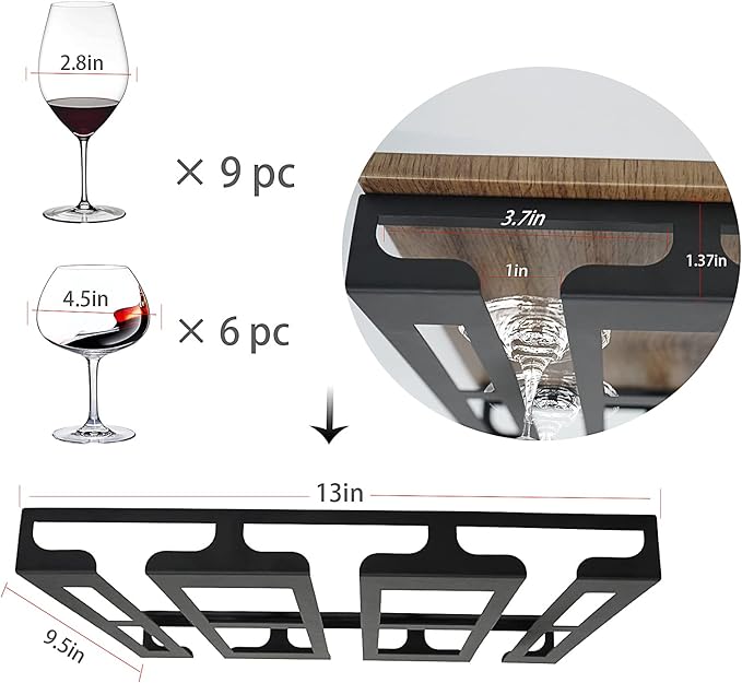 Wine Glass Rack - Under Cabinet Stemware Wine Glass Holder Glasses Storage Hanger Metal Hanging Organizer for Bar Kitchen 3 Rows Black