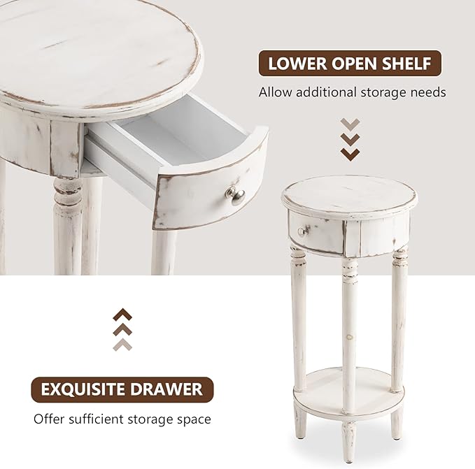 COSIEST Tall End Table with Drawer Sets of 2, Round Nightstand Bedside Table with Storage Shelf, Industrial Telephone End Table for Living Room, Bedroom, Hall Way, Space Saving